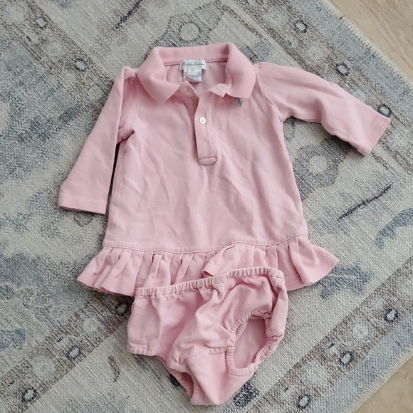 Ralph Lauren Baby Girls Long Sleeve Ruffled Drop-Waist Polo Dress Bloomers Sz9m - Picture 1 of 6